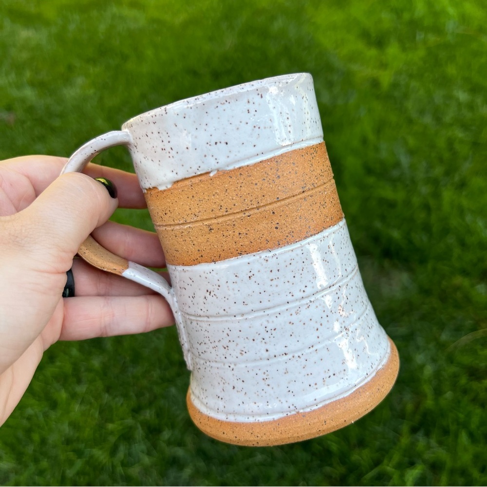 Studio Pottery Speckled Glazed Mug in White Brown Artist Signed 5" Tall Coffee